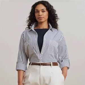 Ralph Lauren Blue Striped Women's Plus Size 100% Cotton Button Down Shirt